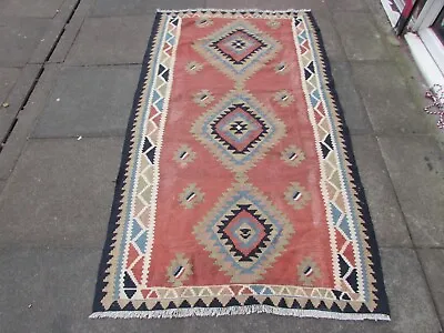 Vintage Traditional Hand Made Oriental Wool Pink Kilim 203x114cm • £175