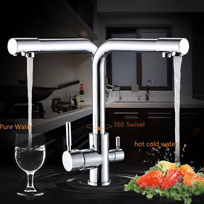 Kitchen Sink Faucet Chrome Pure Water Filter Dual Handle 3 Way Swivel Mixer Tap • £50