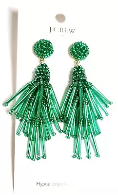 J.Crew Factory Beaded Tassel Earrings Deep Emerald Green Gold Plated Brass NWT • $35