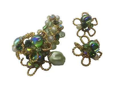 Rare! High Designed Vintage Brooch & Earrings Set Unmarked Green Cabochons Beads • $75