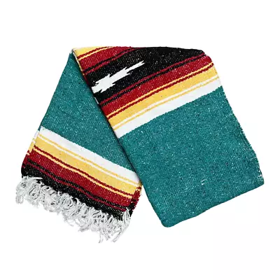 Mexican Blanket Vintage Style Teal Green Diamond Red Yellow Stripes Yoga Throw • $26.95