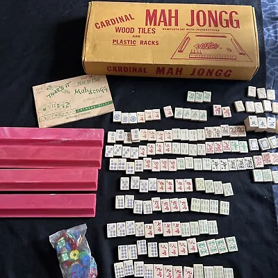 Cardinal Mah Jongg 1960s Game Set 163 Wood Tiles 72 Chips Tile Holders Manual • $35