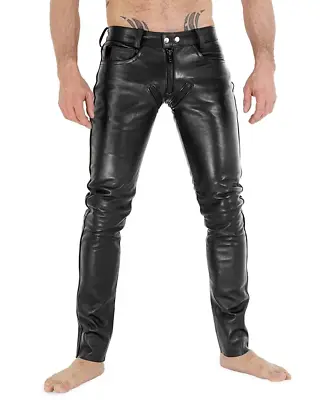 Men's Classic Genuine Lambskin Leather Pants Black Skinny Biker Pants LGBT • $105