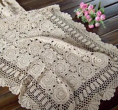 Rectangle Vintage Hand Crochet Lace Tablecloth Cotton Floral Doily Home Decor • £13.19