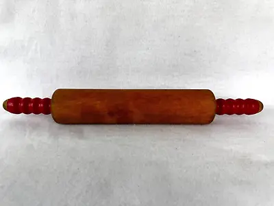 Vintage Primitive Wood Rolling Pin Red Ribbed Painted Handles Farm Country 17  • $12.74