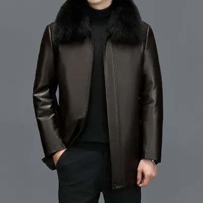 Genuine Leather Jacket Men's Down Jacket Fox Fur Collar Leather Father's Jackets • $171.58