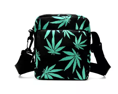 Unisex Retro Messenger Bag Black & Green Ganja Leaf Festival Camping • £10.95