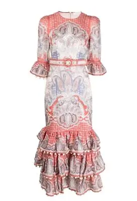 $549.99 • Buy Zimmermann Vitali Tiered Hem Midi Dress| Blue/Pink, Paisely, Belted, Linen