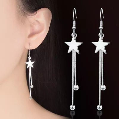 925 Sterling Silver Long Earrings Star Dangle Drop Women Tassel Silver Earrings • £2.29