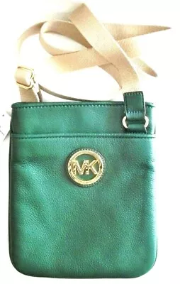 NEW! Michael Kors MK Pebble Leather Fulton Crossbody/Bag-Aqua/Gold/Vanilla • $123.49