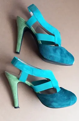 . Size 5 Heel Sandal Shoes By Mascaro Green Turquoise Teal Blue Suede • £48