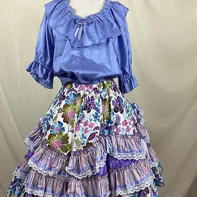 Square Dance Dress Outfit Floral Skirt Ruffles  Blue Blouse Blouse  • $99