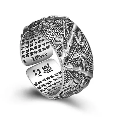 Pure S999 Sterling Silver Band Lucky Men Women Gift Bamboo Sutra Open Ring 11g • £39.99