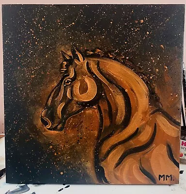 Original Handpainted Horse Portrait On Canvas Copper Metallic Black Painting • £40