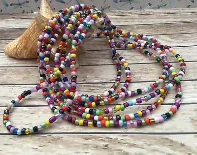 Handmade Rainbow Seed Bead Long Necklace Bracelet Hippie Beach Festival Boho • £6.25