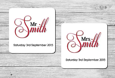 £3.95 • Buy Pair Of Personalised Mr & Mrs Wedding Name And Date Drink Coasters Gift, Present