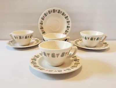 Metlox Poppytrail Navajo Cup And Saucer Set Turquoise And Brown On Rim Set Of 4 • $74.99