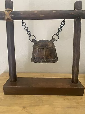 Vintage Bell Bronze Brass Metal Chinese Tibetan Temple Gong Bell Wood Stand • $40