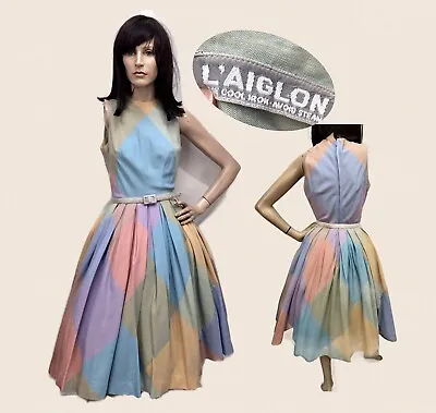 VTG 1950s L'Aiglon HARLEQUIN Print Pastel COLOR-BLOCK *CIRCLE SKIRT Sundress XXS • $127