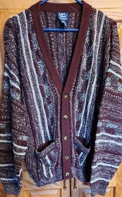 John Blair Acrylic Blend Cardigan Sweater Men's L Large Striped Vintage Maroon • $26.37