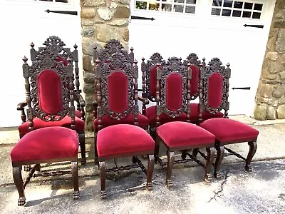 Set Of 8 Carved Mahogany Victorian Dining Chairs • $5450