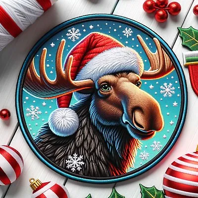 Christmas Moose Patch Iron-on Applique Clothing Decor Santa Hat Wild Animals • $32