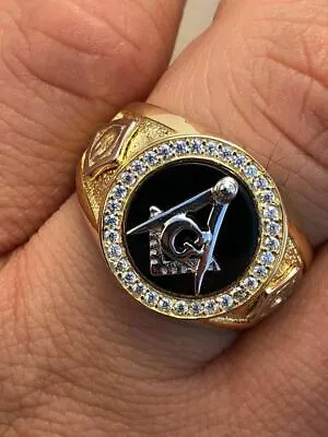 Mens 14k Gold Plated Solid 925 Silver Free Mason Masonic G Black Onyx Ring CZ • $50.20