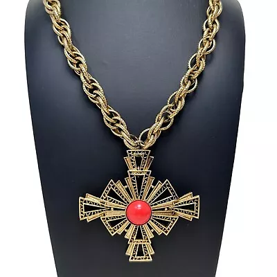 Vtg Gold Tone Large Maltese Cross Coral Color Center Pendant Multi Link Necklace • $55.21