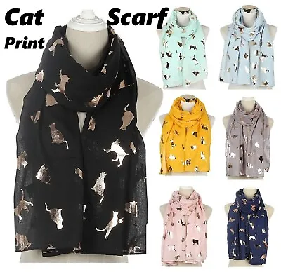 Cat Scarf Animal Print Shiny Glitter Stole Ladies Shawl Gold Foil Scarves Wraps • £8.99