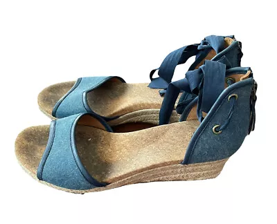 UGG Wedge Sandals Womens Size 9.5 Espadrille Gladiator Amell Blue Canvas • $20