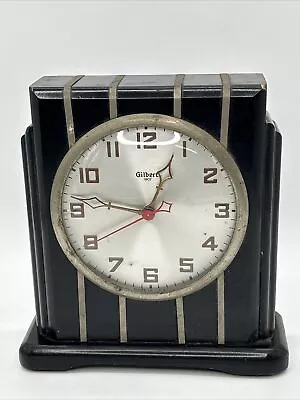 Gilbert Art Deco Mantle Shelf Clock 8 Day Chrome & Black Architectural Design • $337.13