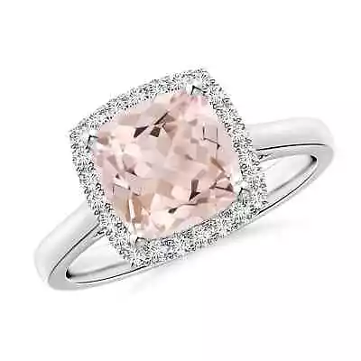 ANGARA Classic Cushion Morganite Halo Engagement Ring For Women In 14K Gold • $1046.32