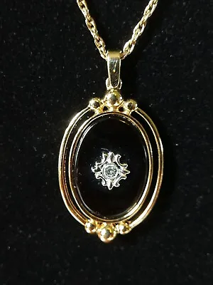 $15 • Buy AVON Oval Black Cabochon Clear Rhinestone Gold Tone 20  NECKLACE Vintage Jewelry