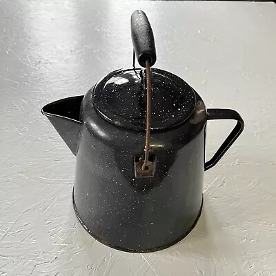 Vintage Enamelware Cowboy Coffee Pot Black Speckled Camping Kettle 10” Tall • $28