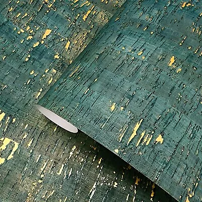 Real Natural Cork Wallpaper Green Gold Metallic Striped Textured Wallcoverings • $5.43