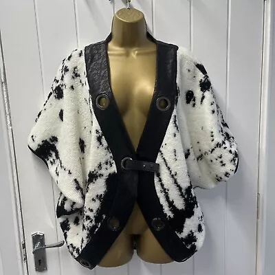 Taravao 80% Wool Black White Arty Boho Cardigan Faux Leather Trim  Small B38 • £25