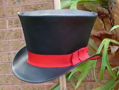 Black Leather Red Velvet Mens & Womens Alice In Wonderland Costume Top Hat  • £141.94