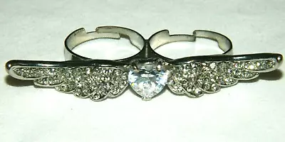 2 Finger Connector Ring Wings & Heart Silver Tone Rhinestone Size 7.5 Adjustable • $19.99