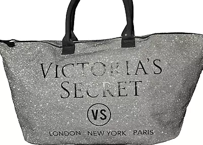 Victoria's Secret Weekender Duffel Bag Black Silver Glitter Metallic Travel Tote • $0.99
