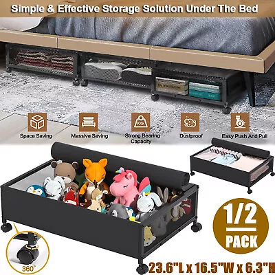 Metal Underbed Storage Box Lid Bedding Drawers Container Clothes Organizer Wheel • £17.99