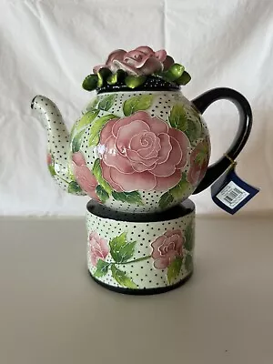 Jeanette McCall Blue Sky Icing On The Cake Roses Teapot With Tealight Warmer NIB • $59.99