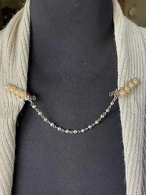 Vintage Sweater Clip Faux Pearls With Pearl Chain Silver Tone Pre-owned • $10