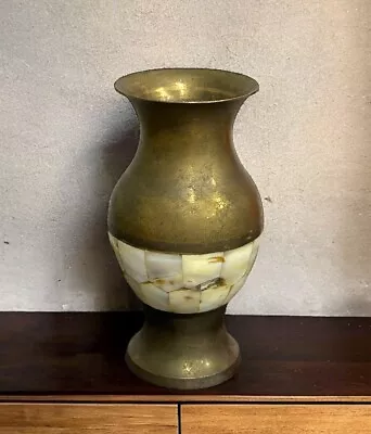 Vtg Solid Brass 3.75  Vase Mother Of Pearl Inlay Boho Chic Made In India Patina • $19.99