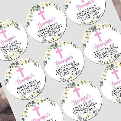 Personalised First Holy Communion Stickers For Party Bags Pink Floral Cross • £3.99