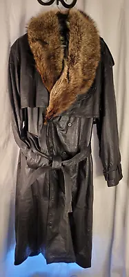 Vintage Genuine Leather Fur Collar Long Duster Coat & Tie XL • $118.57