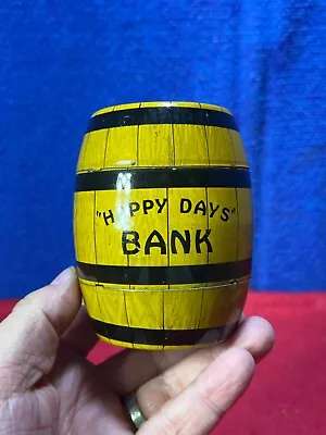 Vintage J. Chein Tin Litho  Happy Days  Metal Barrel Bank  AA-471. *NO KEY* • $3.99