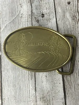 Vintage Belt Buckle By Oden Lake Front Scene Snow With Trees Solid Brass • $13.99