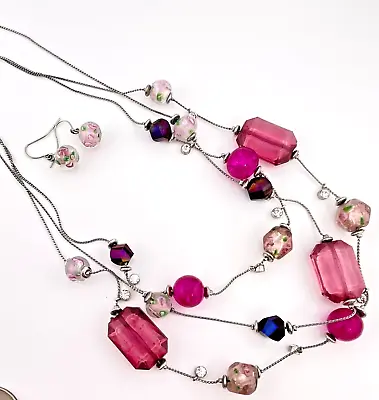 Murano Sommerso Venetian Pink Purple Floral MultiStrand Necklace Earring Set • £36.08