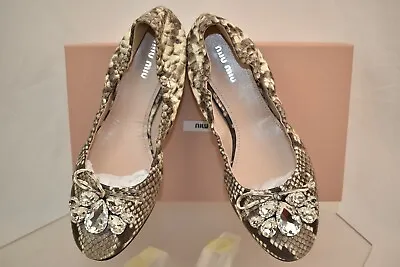 Miu Miu 5f149c Prada Roccia Python Print Leather Crystals Jeweled Bow Flats 37 • $295