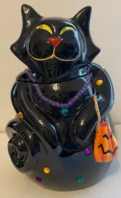 Htf 2003 Jeweled Black Cat Halloween Cookie Jar • $42.95